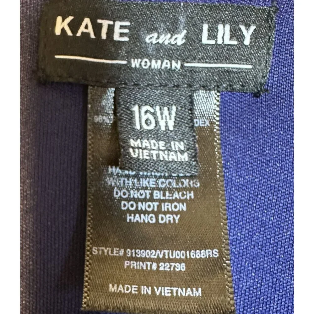 Kate & Lily Blue White Polka Dot V-Neck‎ Midi Dress Elbow-Length Sleeves Size 16